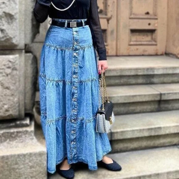 Luxe Medium Wash Button Ruffle Hem Denim Jean Maxi Skirt - Picture 5 of 5